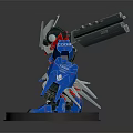Blue And White Robot Action Figure With Red Accents And Large Sword On Display Base