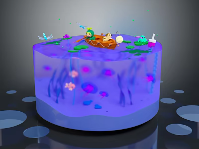 Cartoon Scene with Transparent Container Purple Water Small Boat Animals Water Plants Frog and Dragonfly 3d model