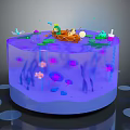 Cartoon Scene with Transparent Container Purple Water Small Boat Animals Water Plants Frog and Dragonfly