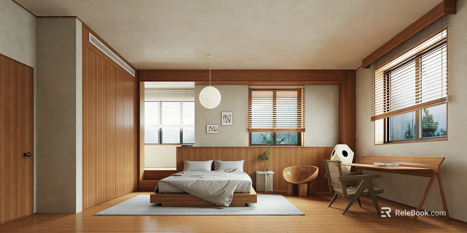 Modern Bedroom Interior With Wooden Furniture Bed Pendant Light Rug And Window Blinds 3d model 
