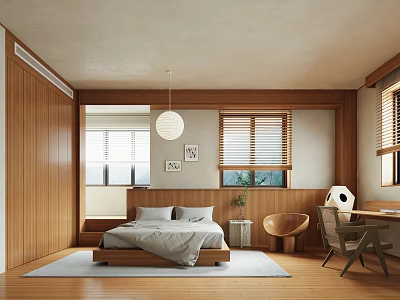 Modern Bedroom Interior With Wooden Furniture Bed Pendant Light Rug And Window Blinds 3d model