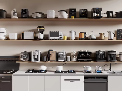 Organized Various Kitchen Appliances On Shelves And Countertops With White Cabinets 3d model