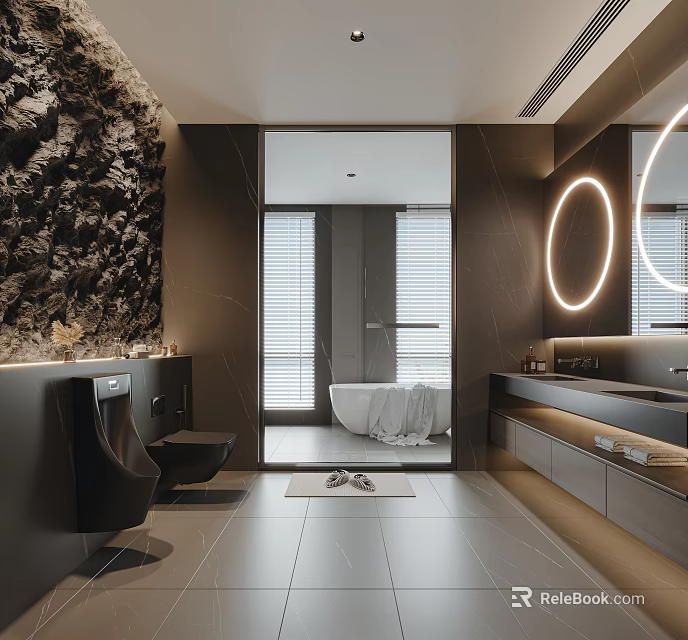 Modern Dark Toned Bathroom With Rock Wall Bathtub And Round Mirror 3d model 