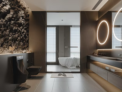 Modern Dark Toned Bathroom With Rock Wall Bathtub And Round Mirror 3d model
