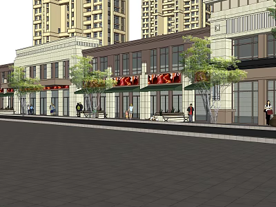 Modern Commercial Street With High Rise Buildings Storefronts Trees And Pedestrians 3d model