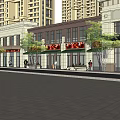 Modern Commercial Street With High Rise Buildings Storefronts Trees And Pedestrians