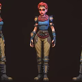 3D Character With Red Hair Scarf Blue Top Brown Pants Mechanical Arms Front Back Views