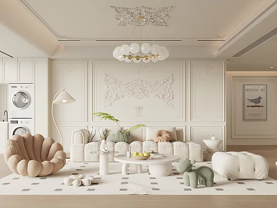 Luxurious Living Room Interior With Carved Ceiling Chandelier White Sofa Curved Armchair And Green Plants 3d model