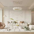 Luxurious Living Room Interior With Carved Ceiling Chandelier White Sofa Curved Armchair And Green Plants