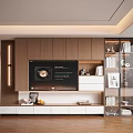 Modern TV Stand Design With Wooden Panels Open Shelves LED Lighting And Decorative Items