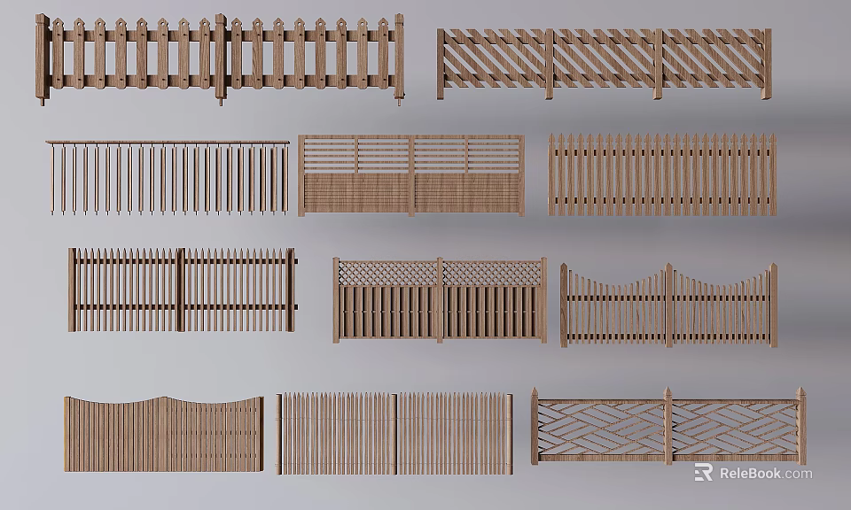 Various Wooden Garden Fences With Different Decorative Designs And Styles 3d model 