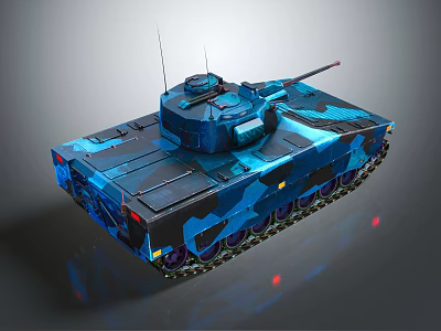 Modern Military Tank Featuring Blue Camouflage Turret Tracks Antenna And Armor Design 3d model