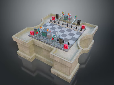 Decorative Black And White Checkered Chessboard With Pieces And Figures On Stone Base 3d model