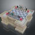 Decorative Black And White Checkered Chessboard With Pieces And Figures On Stone Base