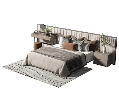 Modern Double Bed With Gray Comforter Colorful Pillows Mirror Nightstand Green Plant Gray Wave Rug 3d model