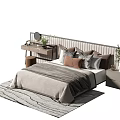 Modern Double Bed With Gray Comforter Colorful Pillows Mirror Nightstand Green Plant Gray Wave Rug