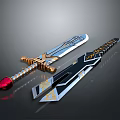 Two Ornate Swords With Silver Blades Golden Decorations Red Gemstone And Black Accents