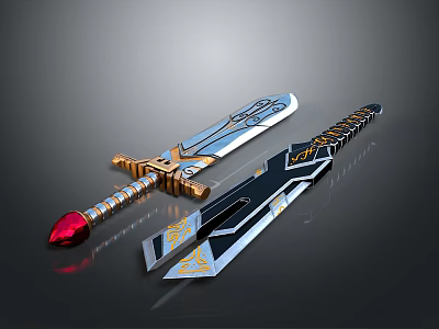 Two Ornate Swords With Silver Blades Golden Decorations Red Gemstone And Black Accents 3d model