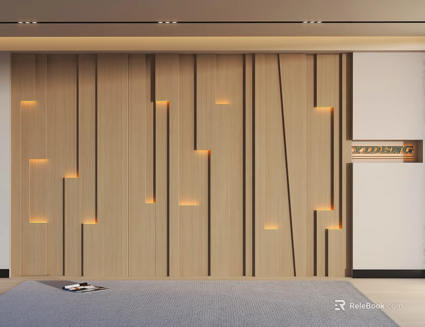 Modern Wooden Reception Background Wall With Geometric Lines And Embedded Lighting 3d model 