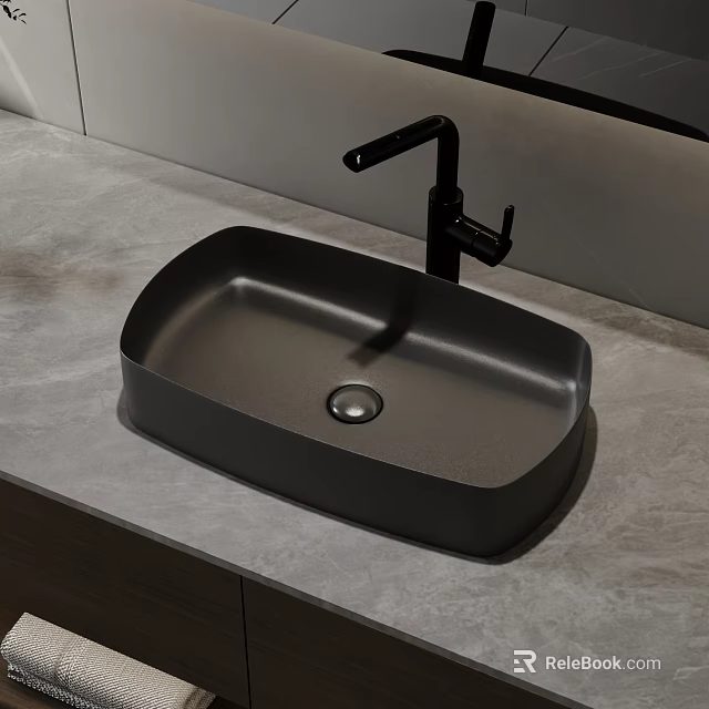 Modern Black Washbasin Design With Sleek Black Faucet On Gray Marble Countertop 3d model 