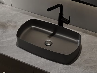 Modern Black Washbasin Design With Sleek Black Faucet On Gray Marble Countertop 3d model