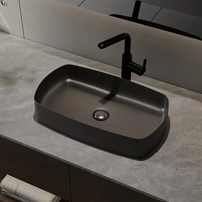 Modern Black Washbasin Design With Sleek Black Faucet On Gray Marble Countertop 3d model