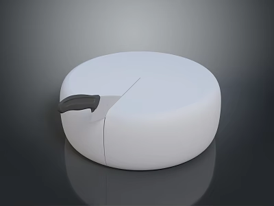 White Round Cheese Wheel with Black Handle Knife and Sliced Piece on Dark Surface 3d model