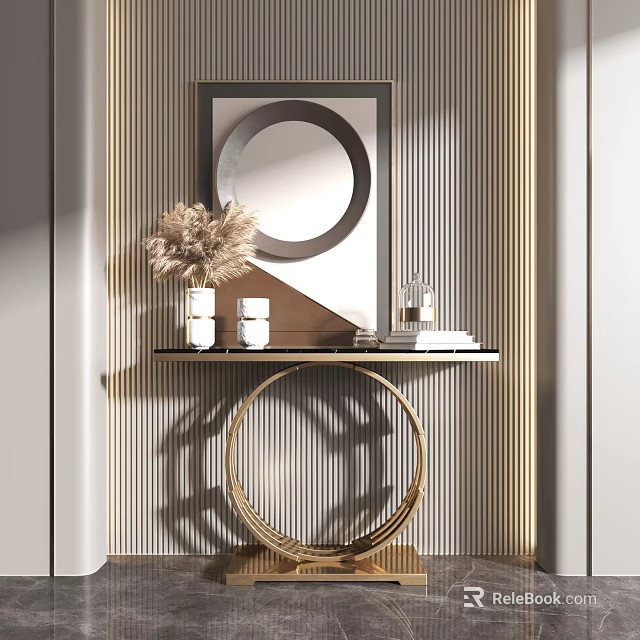Modern Console Table Decor With Circular Mirror Dried Pampas And Striped Wall Panel 3d model