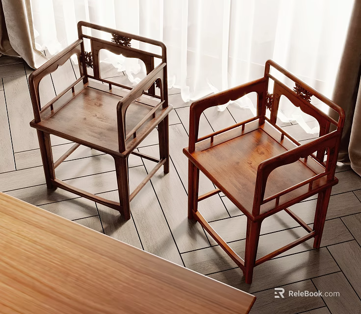 Chinese Wooden Armchairs With Traditional Frame Design Placed On Tile Floor And White Curtains Background 3d model 