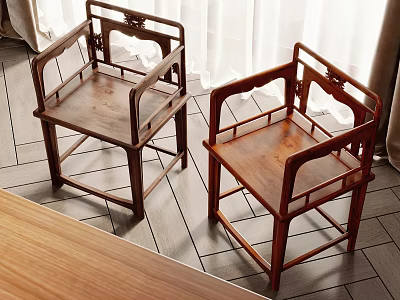 Chinese Wooden Armchairs With Traditional Frame Design Placed On Tile Floor And White Curtains Background 3d model