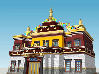 Ancient Tibetan Architecture With Yellow Red White Exteriors Golden Roof And Colorful Prayer Flags 3d model