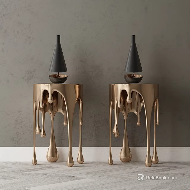 Golden Side Tables With Unique Dripping Leg Design And Black Vases On Top 3d model 