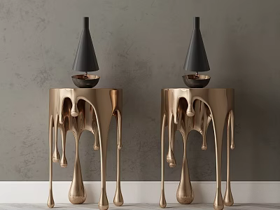 Golden Side Tables With Unique Dripping Leg Design And Black Vases On Top 3d model