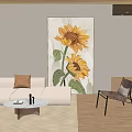 Sunflower Botanical Painting With Yellow Petals Green Leaves In Modern Living Room Wall Decor