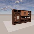 Wooden Multifunctional Wardrobe Featuring Hanging Area Storage Shelves Decorations Plants And Wine Bottles