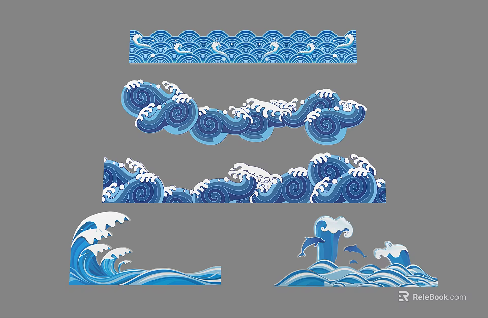 Blue Wave Pattern Wall Decor with Ornamental Ocean Wave Designs for Home Interior 3d model 
