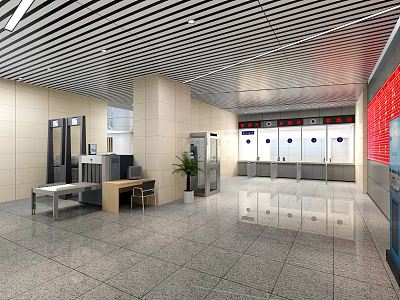 Modern Station Interior Design With Metal Ceiling Marble Floor And Security Gates 3d model