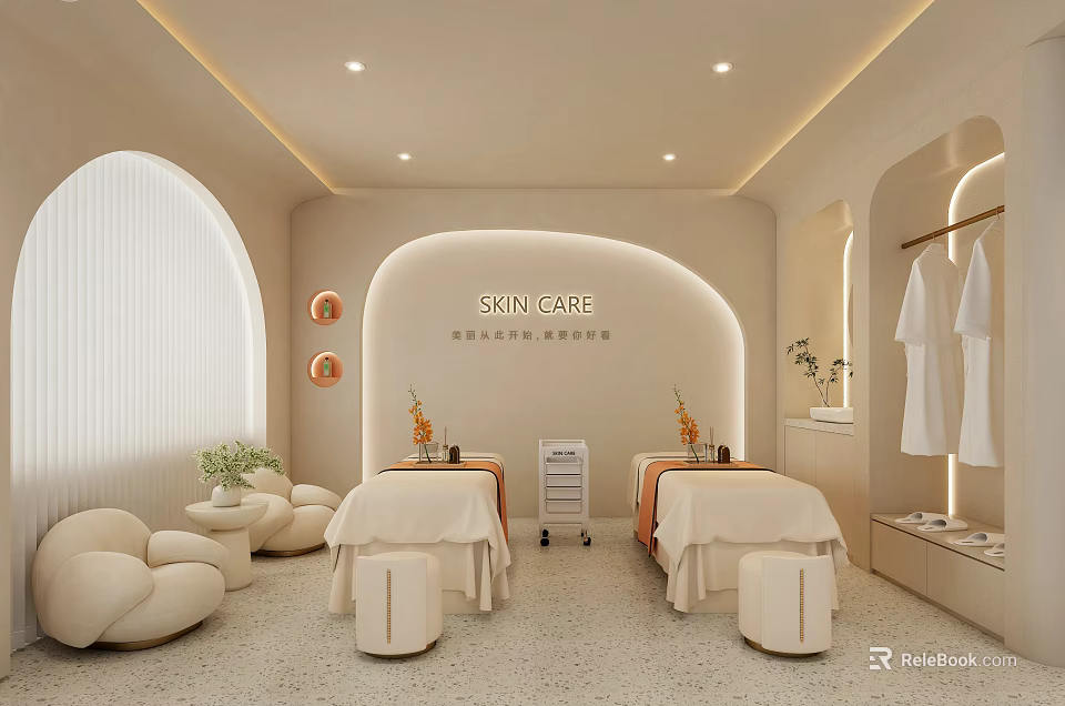 Elegant Skin Care Beauty Salon Interior With Treatment Beds White Sofas And Arched Windows 3d model 