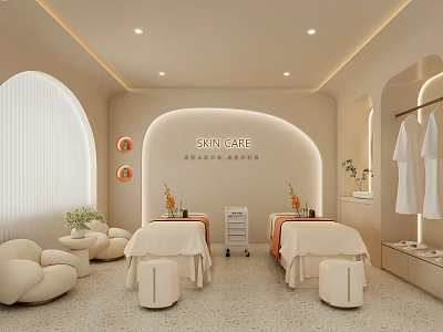 Elegant Skin Care Beauty Salon Interior With Treatment Beds White Sofas And Arched Windows 3d model