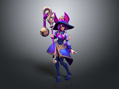 Fantasy Witch Character With Cat Ear Hat Purple Blue Outfit And Decorative Staff 3d model