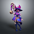 Fantasy Witch Character With Cat Ear Hat Purple Blue Outfit And Decorative Staff