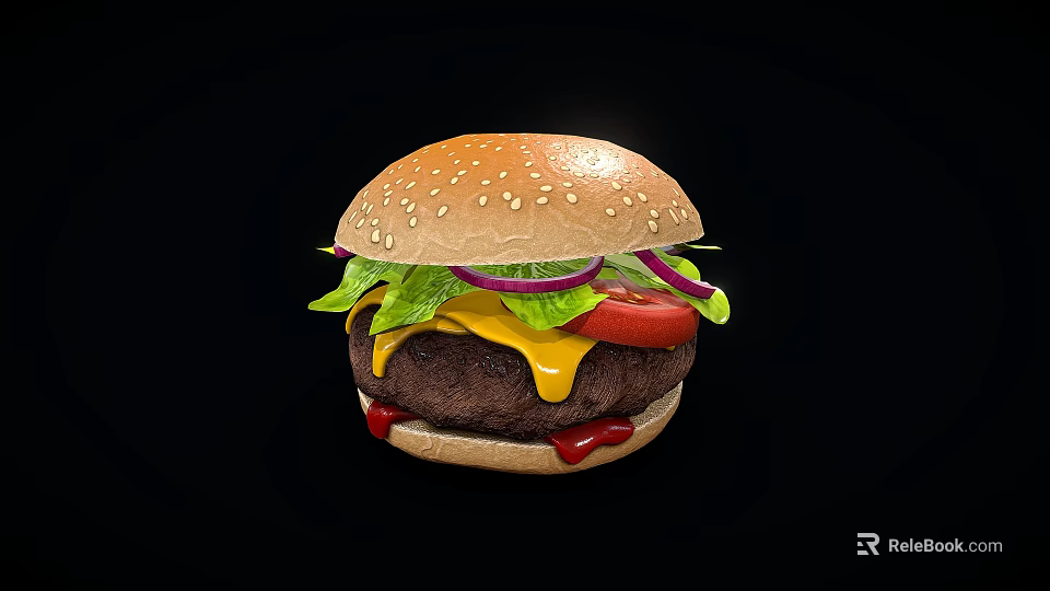 Delicious Juicy Hamburger with Sesame Seed Bun Fresh Lettuce Red Onion Tomato and Melted Cheese 3d model 