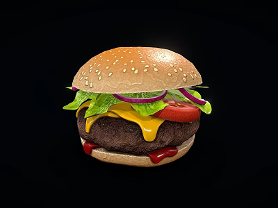 Delicious Juicy Hamburger with Sesame Seed Bun Fresh Lettuce Red Onion Tomato and Melted Cheese 3d model