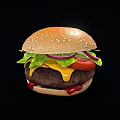 Delicious Juicy Hamburger with Sesame Seed Bun Fresh Lettuce Red Onion Tomato and Melted Cheese