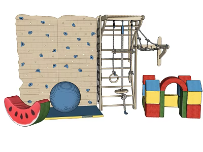 Fun Kids Playground Equipment With Climbing Wall Metal Frame Blue Ball Mat And Block Arch 3d model