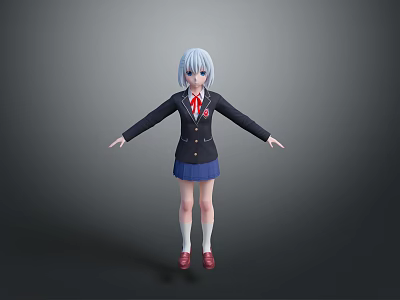 3D Anime Character with Light Blue Hair Black Coat Blue Skirt White Stockings Red Shoes 3d model