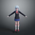 3D Anime Character with Light Blue Hair Black Coat Blue Skirt White Stockings Red Shoes