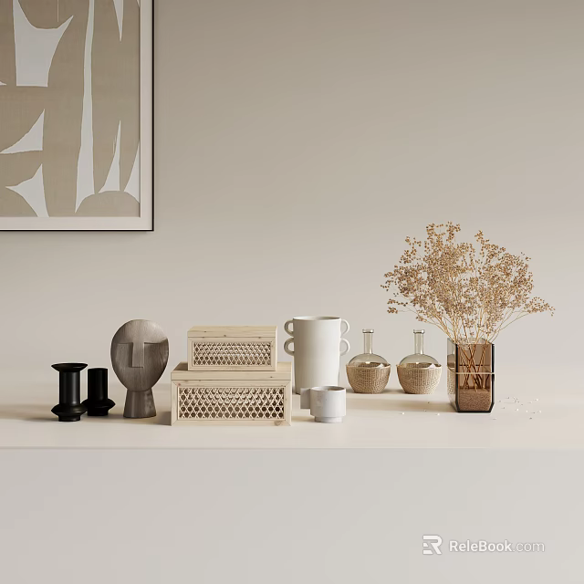 Minimalist Decorative Ornament Set With Wooden Ceramic Vase And Dried Flowers Tabletop 3d model 