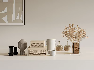 Minimalist Decorative Ornament Set With Wooden Ceramic Vase And Dried Flowers Tabletop 3d model