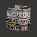Traditional Two Story Commercial Building With Balconies And Colorful Storefront Awnings